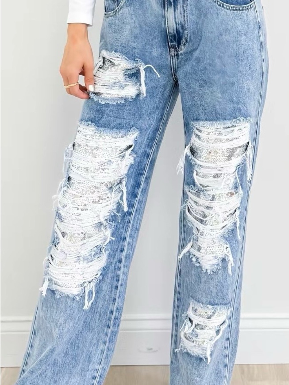 Sequin-Backed Light Blue Wide-Leg Distressed Jeans